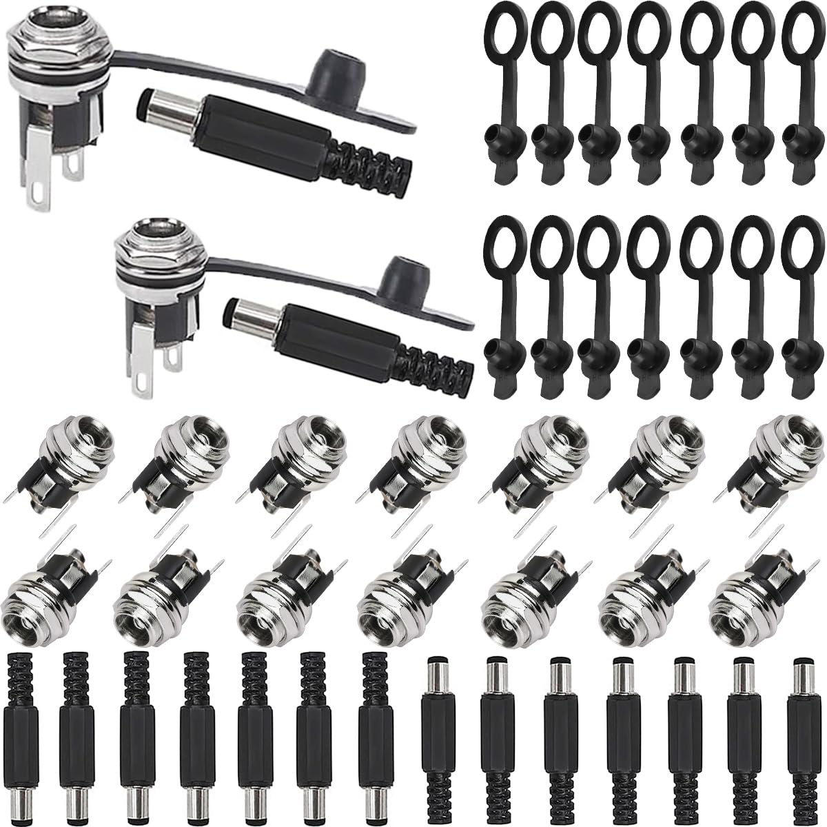 Youmile 16 Stück DC Power Socket DC Hohlstecker, Netzstecker-Schweißadapter, 5,5 x 2,5 mm DC-Stecker/Buchse, Audio-Stecker + 16 Stück 5,5 x 2,1 mm DC-Stecker/Buchse, mit Gummischutzkappen von Youmile