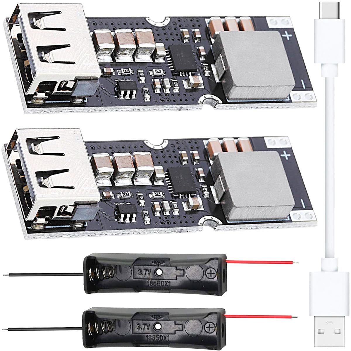 Youmile 2 Stück 18650 Ladeplatine Energie-Lademodul TPS61088 Boost-Schnellladestrommodul-Platine 3.7V4.2V bis 5V9V12V Einzel-USB-Handy Schnellladung QC3.0 mit 18650 Akku Gehäuse USB zu Typ-C Kabel von Youmile