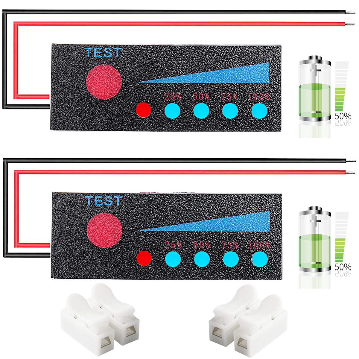 Youmile 2 Stück 1S 3,7 V Lithium-Batterie-Kapazitätsanzeigemodul Modul Akkukapazitätsanzeige Li-Ion-Batterie-Prozentanzeigetafel LED-Kapazitätsanzeige 25% 50% 75% 100% mit Crimp-Anschluss von Youmile