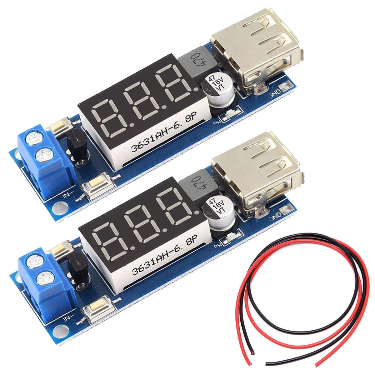 Youmile 2 Stück DC-DC Buck Spannungswandler 6,5-40V zu 5V 2A Abwärts USB Ausgangs Voltmeter Modul Low Power Transformator mit LED Anzeige, 24AWG Kabel von Youmile