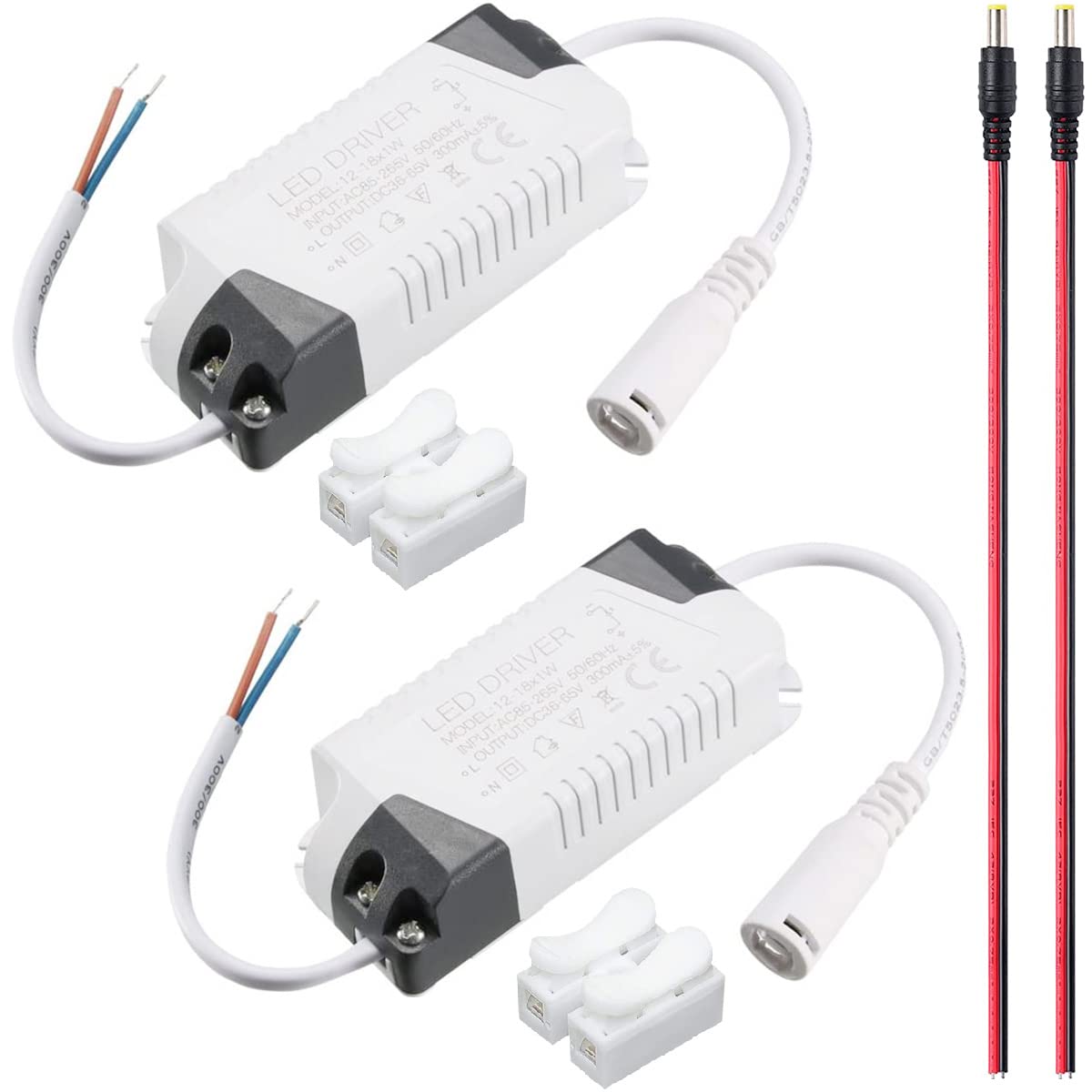 Youmile 2 Stück LED Driver DC Connection 12-18W Netzteil Transformator Adapter Konstantstrom 300mA High Power AC 85-265V DC Niederspannungsausgang mit DC-Kabel CH-2 Kabelstecker von Youmile