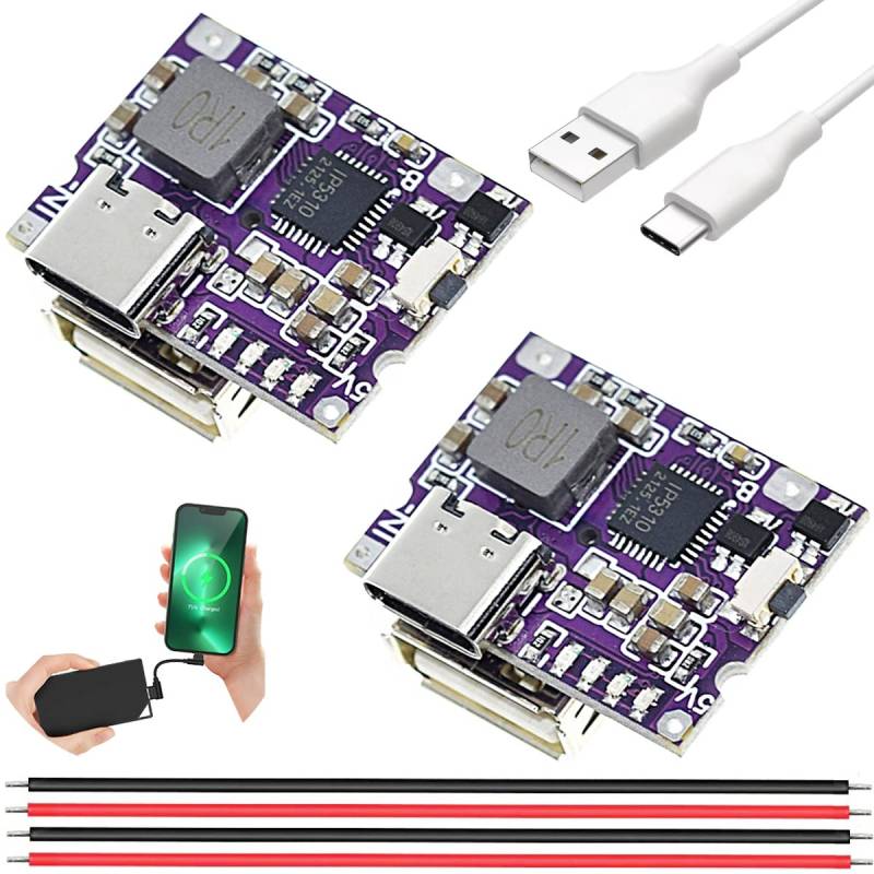 Youmile 2 Stück Type-C Lademodul Type-C USB 5V 3.1A Step-Up Power Lademodul Boost Converter Lade- und Entlademodul IP5310 Mobile Power Board mit Type-C zu USB Kabel 24WAG rotes und schwarzes Kabel von Youmile