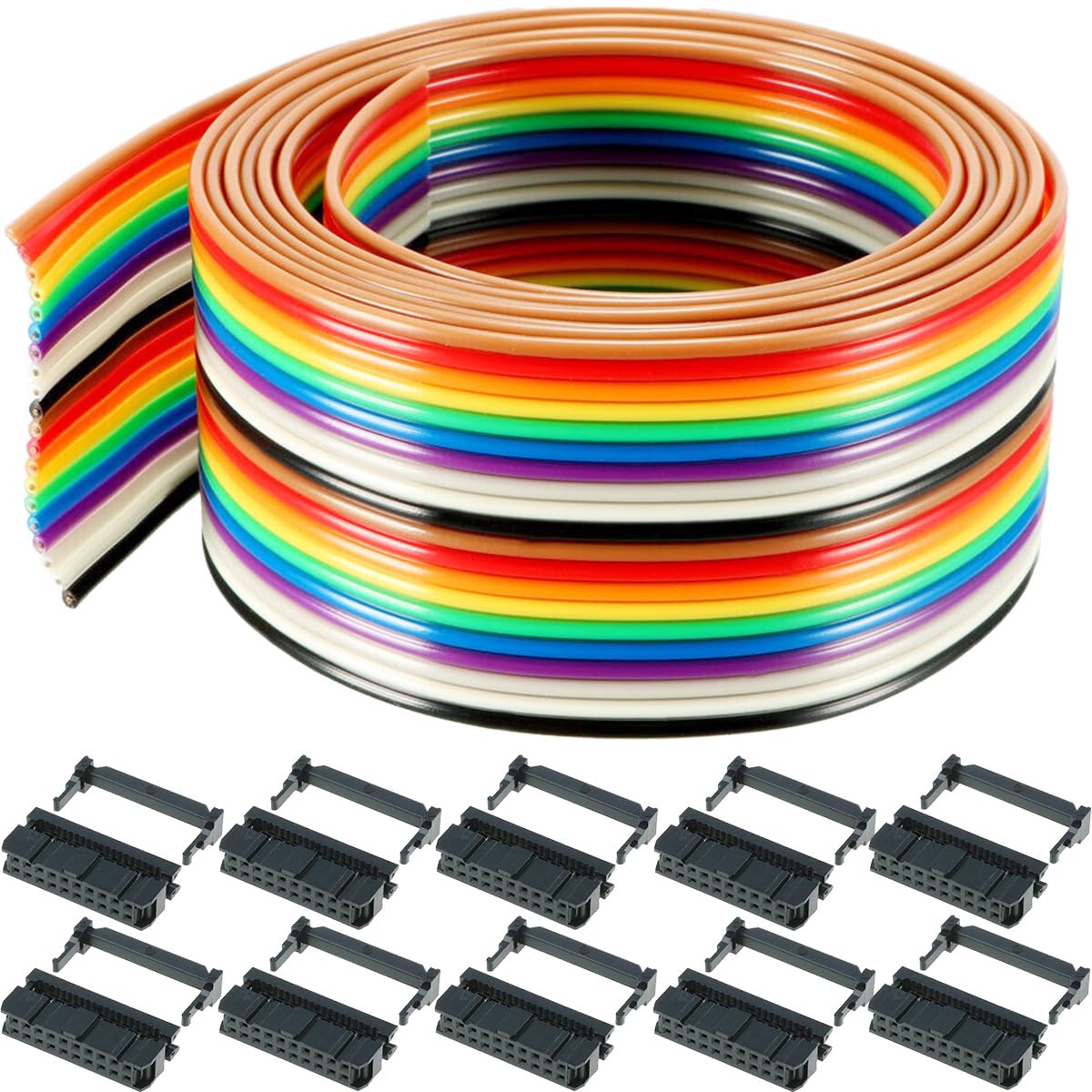 Youmile 20 Pin Regenbogenfarbenes Flachbandkabel 3M/9.84ft IDC-Drahtkabel 1.27mm Flachbandkabel Verbindungskabel mit FC-20P IDC-Buchsen Buchse für 2.54mm Steckverbinder von Youmile