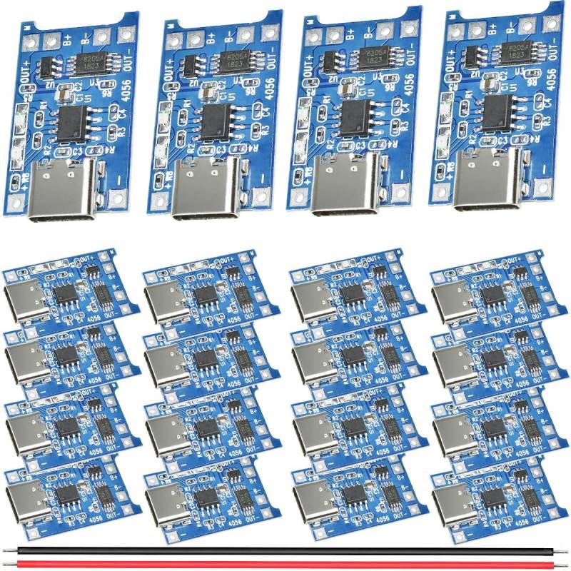 Youmile 20 Stück Charging module Lithium-Batterie-Lademodul 5V 1A Lademodul 18650 Lithium-Batterie-Ladeplatine Typ-C USB mit Schutzfunktion mit 26AWG rotem und schwarzem Kabel von Youmile