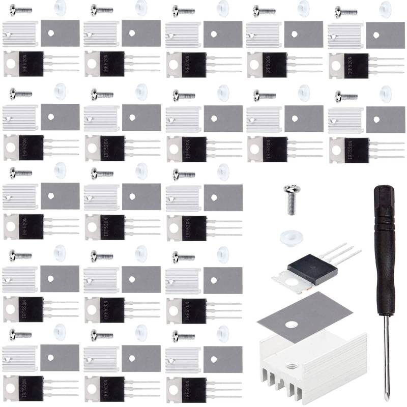 Youmile 20 Stück IRF520N Mosfet-Transistor N-Kanal-Leistungs-MOSFET TO-220AB 9,7 A 100 V 3-Pin-Feldeffekttransistoren mit Kühlkörper-Schraubenscheibe Gummi-Silikon-Schraubendreher von Youmile