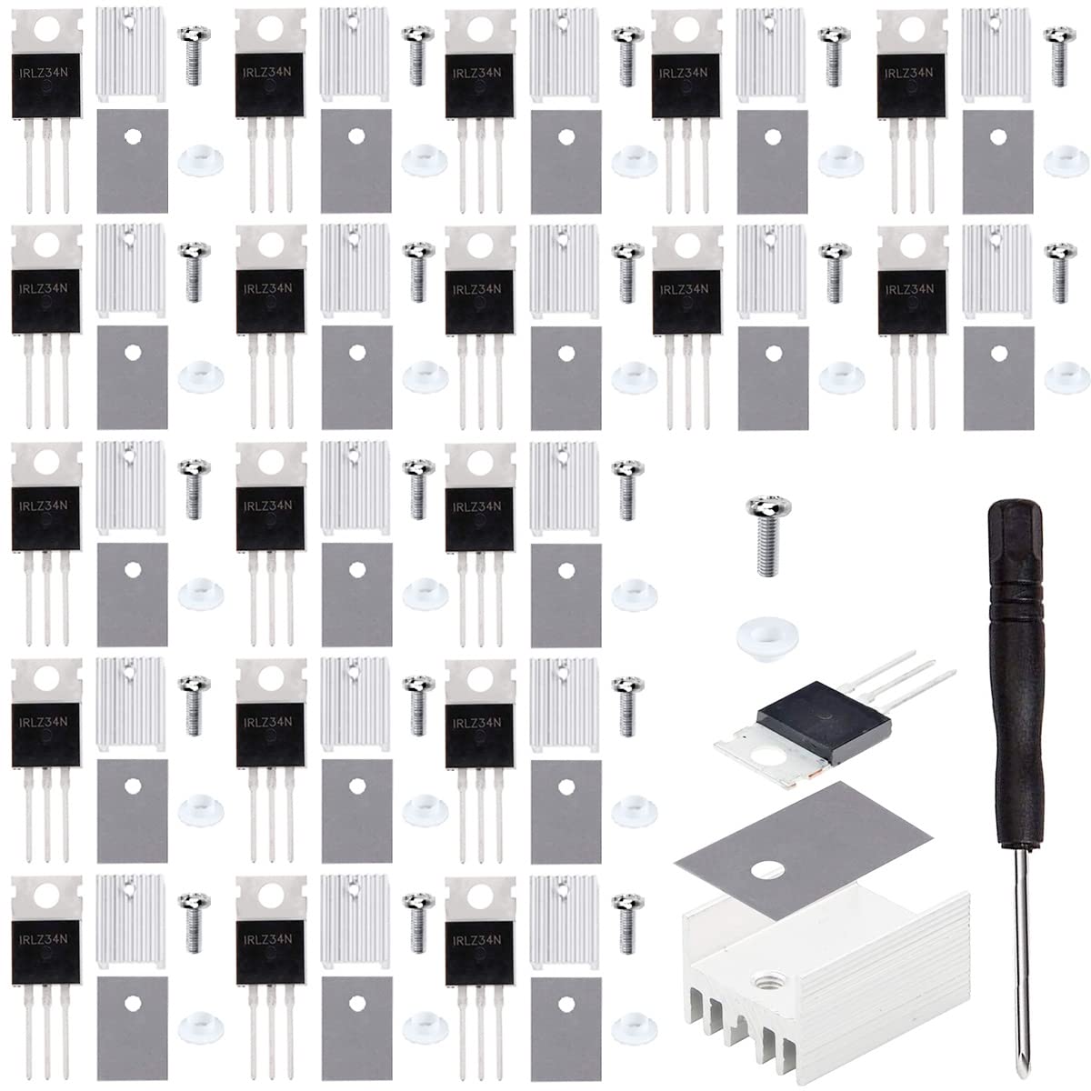 Youmile 20 Stück IRLZ34N Mosfet Transistor IRLZ34NPBF N-Kanal TO-220AB 30A 55V 3Pin International Gleichrichter Feldeffekttransistoren mit Kühlkörper Schraubenscheibe Gummi Silikon Schraubendreher von Youmile