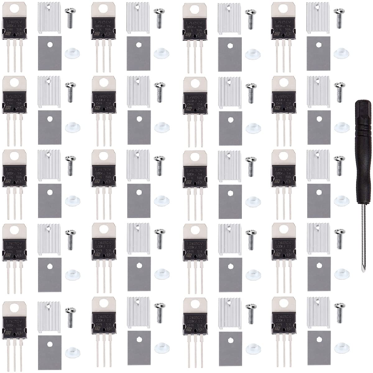 Youmile 20 Stück L7805CV L7805 Spannungsregler Ausgang 5V 1.5A TO-220 Linear Positive Spannungsregler mit Kühlkörper Unterlegscheibe Gummi Silikon Schraubendreher von Youmile