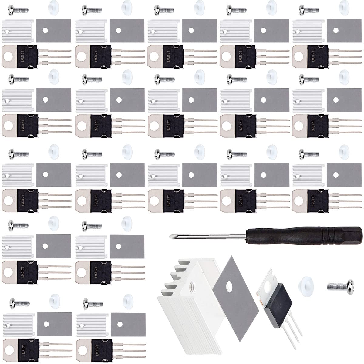 Youmile 20 Stück LM317T einstellbarer positiver Spannungsregler 3-Terminal 1.2-37V 1.5A IC LM317 Chip TO-220 mit Kühlkörper-Schraubenscheibe Gummi-Silikon-Schraubendreher von Youmile