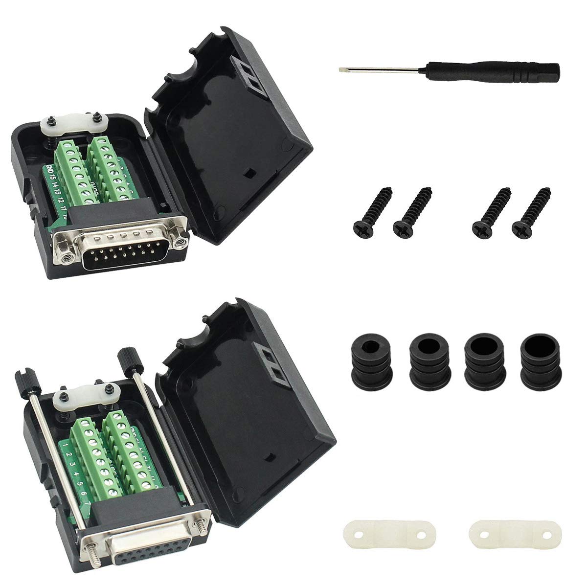 Youmile 2PCS DB15 D-SUB-Anschluss 15-polig Stecker und Buchse 2 ROW-Anschlüsse Adapter Breakout PCB Board für Heimwerker mit Schlitzschraubendreher + Kabelabdeckung von Youmile