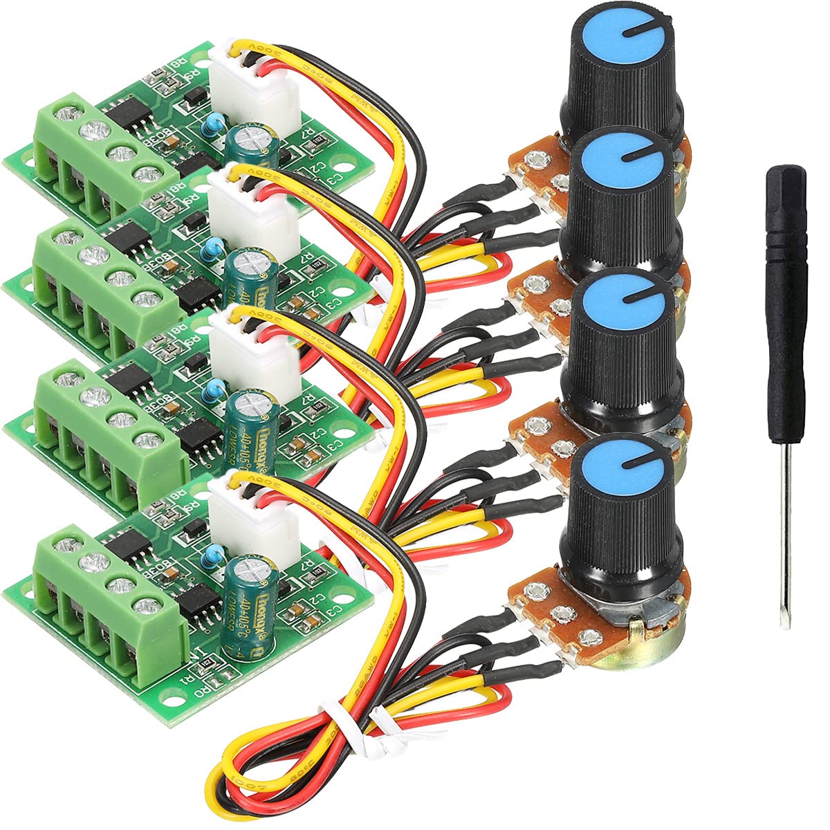 Youmile 4 Stück DC PWM Controller DC Motor Speed Controller Modul 1,8 V bis 15 V 2A Drehpotentiometer Geschwindigkeitseinstellung 1803BW B100K mit Schraubendreher von Youmile