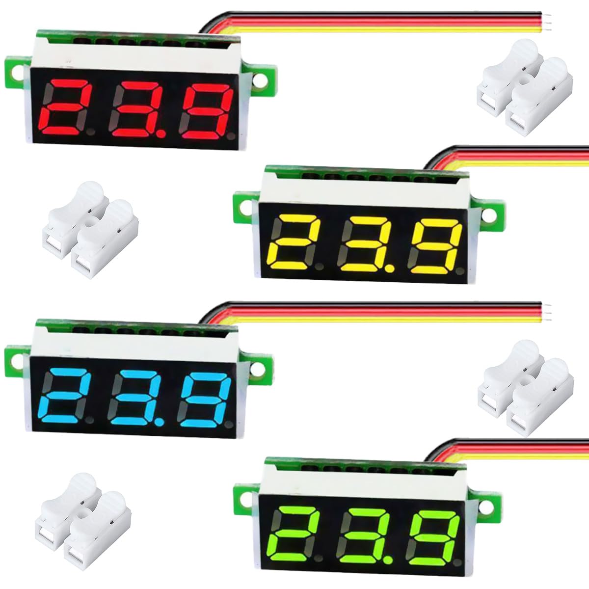 Youmile 4 Stück DC Voltage Display, Gleichspannungsanzeige DC 0-100 V 0,28 Zoll 3 Drähte Spannungsprüfer Messgerät LED-Anzeige Rot, Gelb, Blau, Grün Mini-Digitalvoltmeter mit Crimpanschluss CH-2 von Youmile