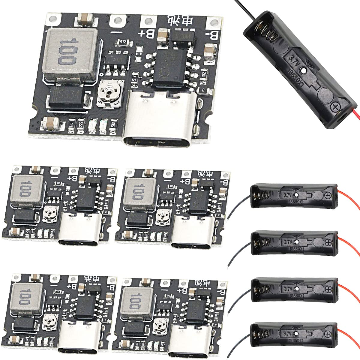 Youmile 5 Stück 18650Lithium Li-ion Battery Charger Board 3,7 V 4,2 V bis 5 V/9 V 1 A DC-DC Step Up Boost-Modul Einstellbares Laden und Entladen + 5 Stück 18650-Batteriebox von Youmile