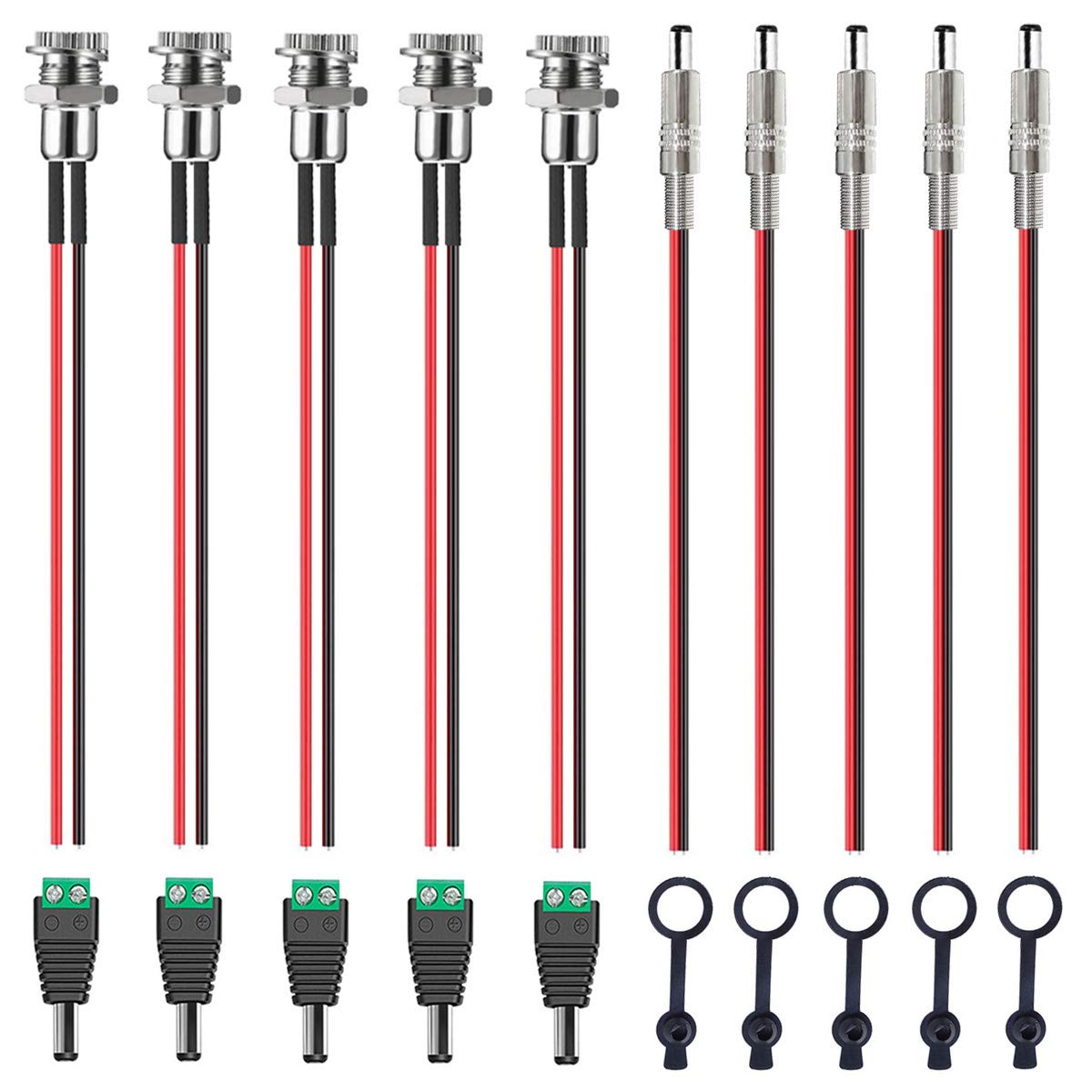 Youmile 5 Stück DC-099 5.5 x 2.1mm DC Buchsenbuchse 5A Innengewindeadapter mit 18AWG Kabel, wasserdichter Abdeckkappe, DC Stecker Pigtail Kabel, 12 V DC Stromanschlusssteckeradapter von Youmile