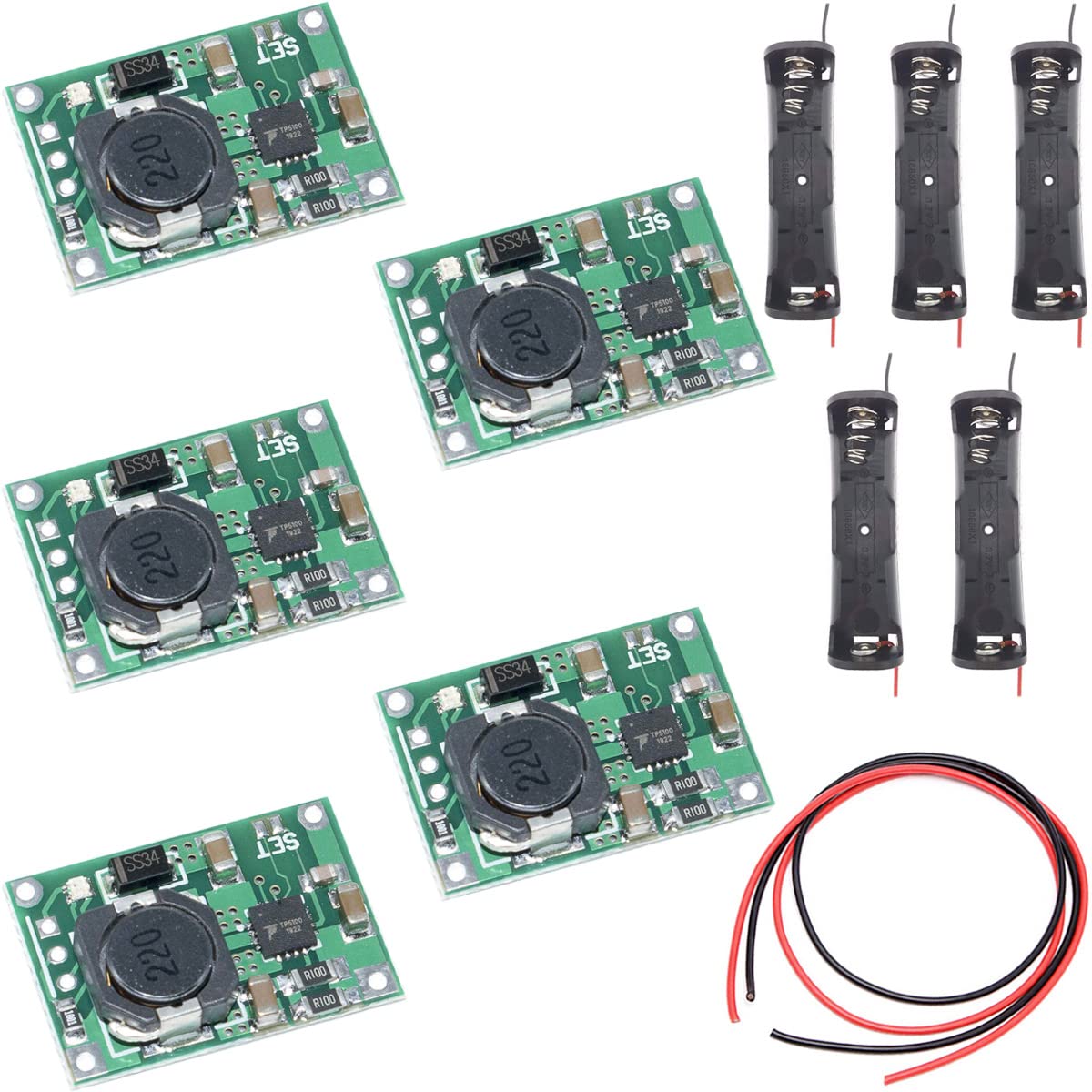 Youmile 5 Stück TP5100 Leistungsmodul 4,2 V 8,4 V 2A Doppel-Einzel-Lithium-Batterie-Ladeplatine Lithium-Batterie-Schutzplatine BMS-Platine mit 18650-Batteriegehäuse, rotem und schwarzem Kabel von Youmile