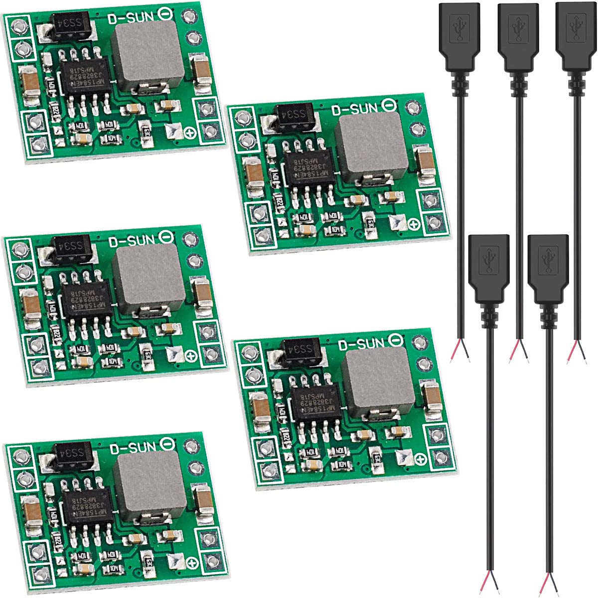 Youmile 5 pcs MP1584EN Mini DC-DC Buck Converter module fixed output 5V 3A Power Supply Module high conversion rate with 5 pcs USB female double core cable,for DIY device power supply von Youmile