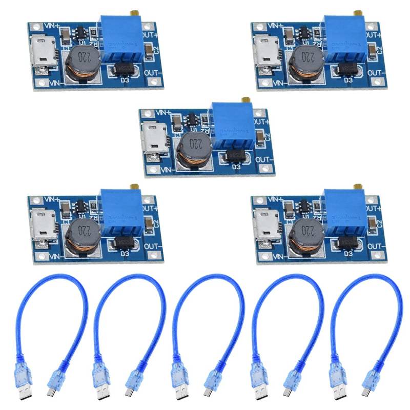 Youmile 5-teiliger DC-DC Aufwärtswandler 2V-24V auf 5V-28V 2A, einstellbarer Micro USB Spannungsregler, Step-Up Netzteilmodul für Arduino mit 5 teiligem Micro USB Kabel von Youmile