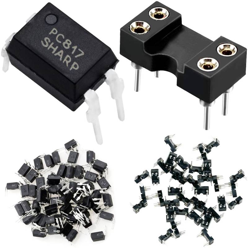 Youmile 50 Stück PC817 Transistor Ausgang Optokoppler PC817C DIP-4 2.54mm Teilung + 50 Stück Runder DIP IC-Chip-Sockel 2.54mm zweireihig 4-pin für DIY-Optokoppler-Tests, Reparatur und Ersatz von Youmile