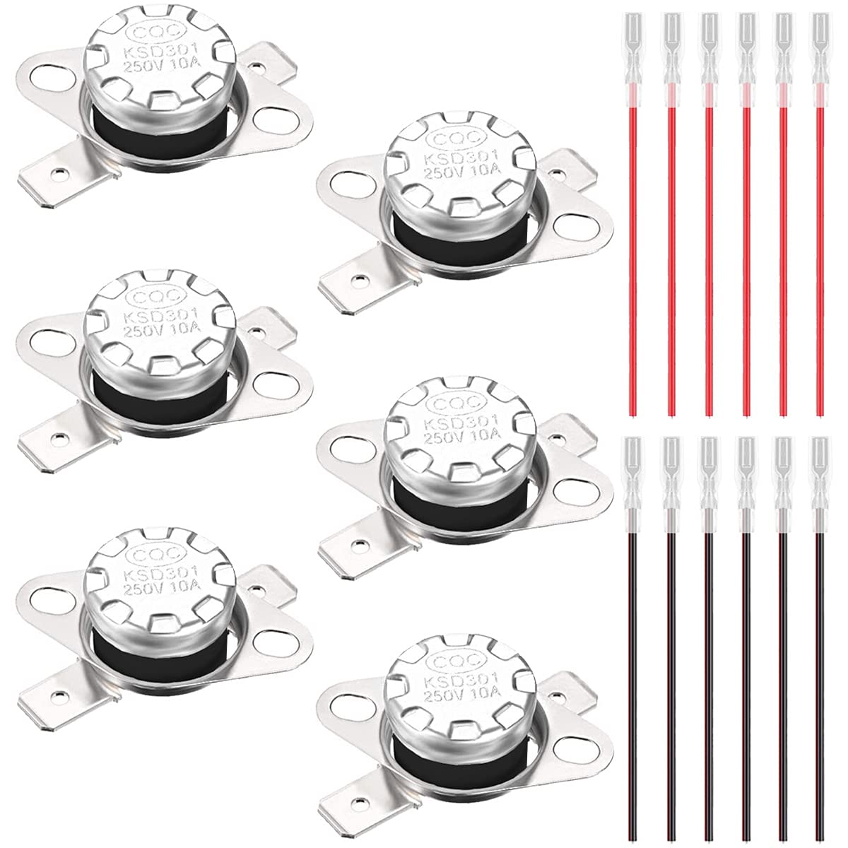 Youmile 6 Stück KSD301 125°C / 257°F Thermostat Temperaturschalter 250 V 10 A Normalerweise geschlossener NC-Wärmesteuerungsschalter für Mikrowellen mit 12 Stück Crimpklemme mit Draht von Youmile