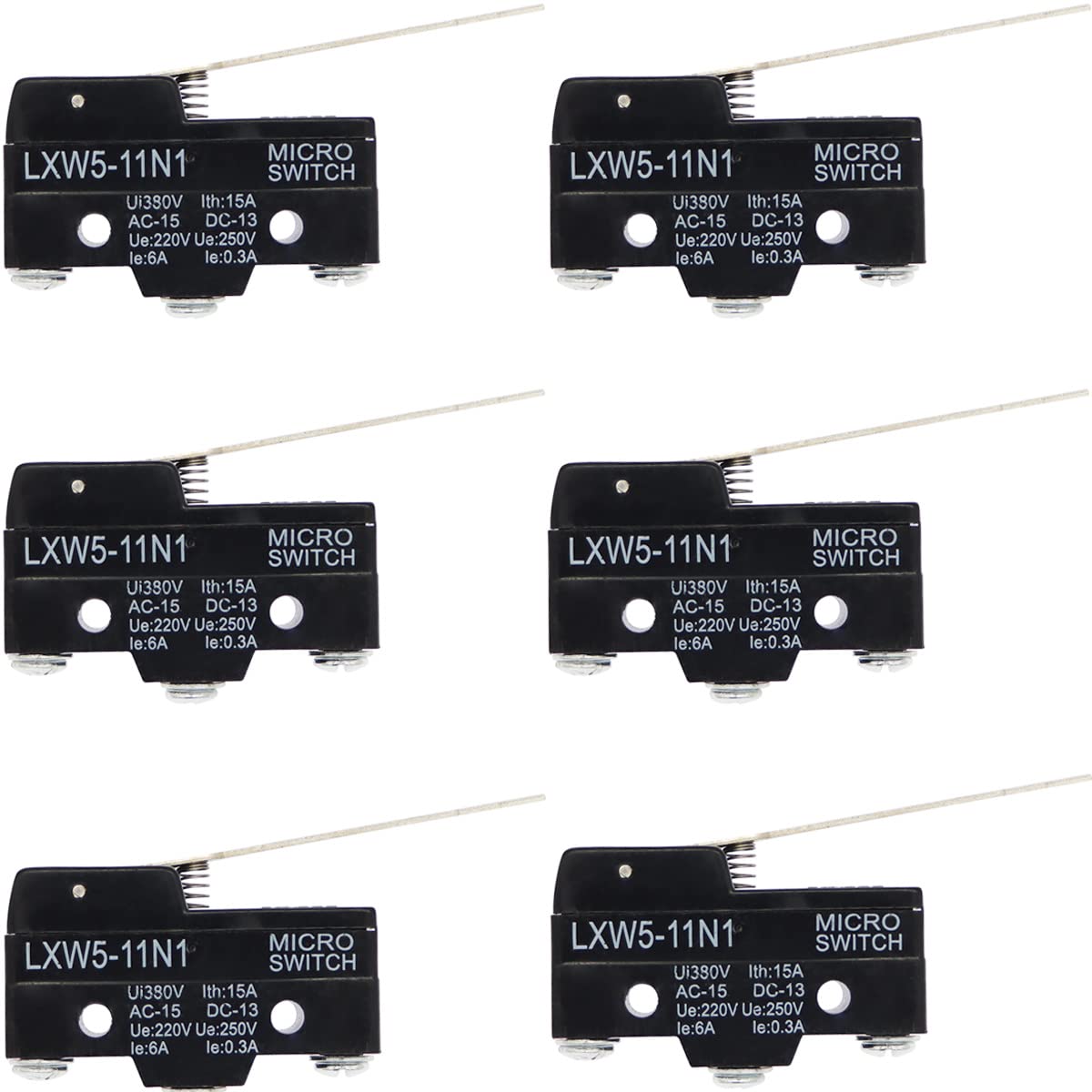 Youmile 6 Stück LXW5-11N1 15A 250V Momentanen Mikro-Endschalter 1NO + 1NC Langer Scharnierhebeltyp Miniatur-Mikroschalter SPDT Snap Action Travel Switch von Youmile