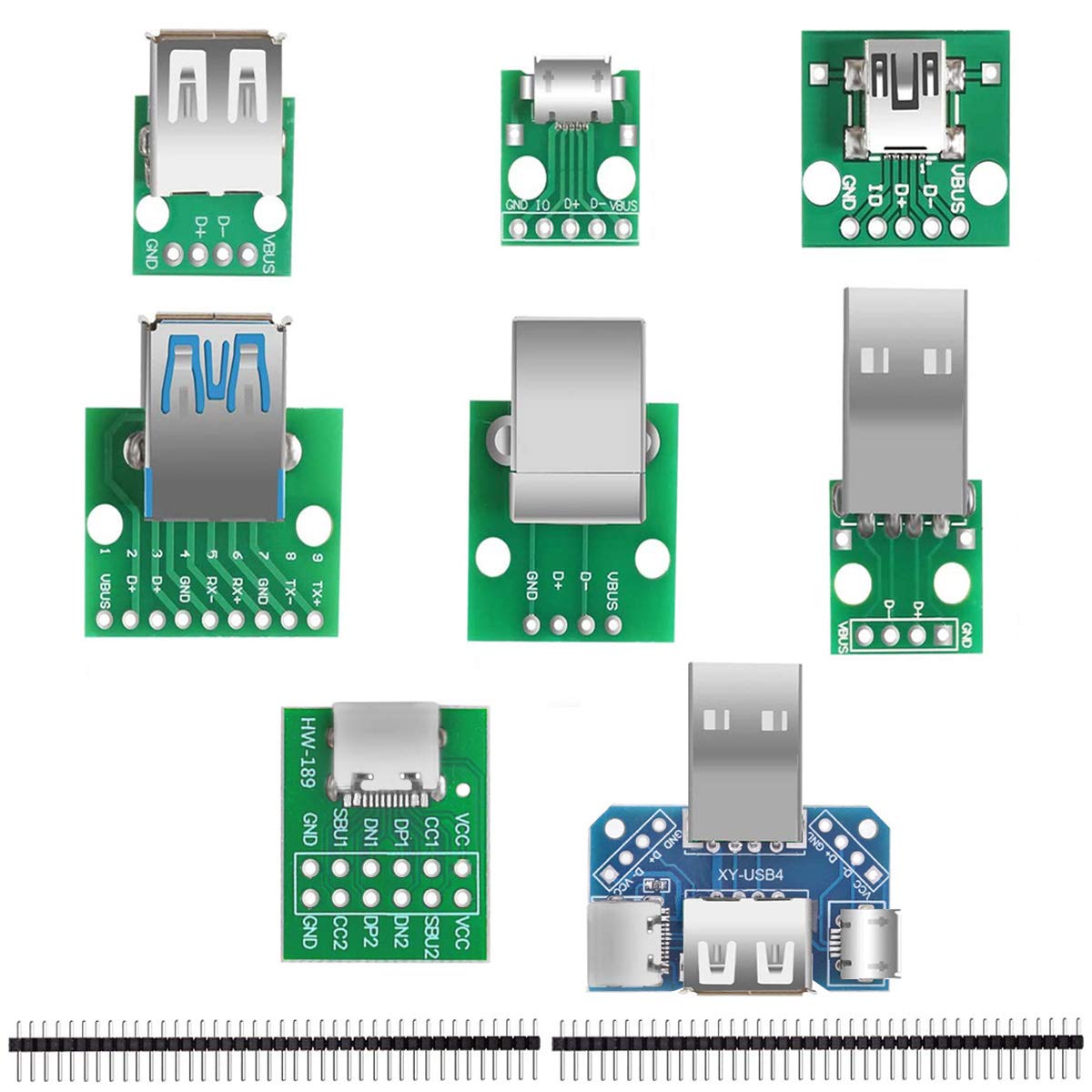 Youmile 8 Stück USB zu DIP Adapter Konverter mit Mini USB Buchse, Micro USB Buchse, USB 2.0 USB 3.0 Buchse, USB Typ-C Buchse, USB Typ-B Buchse, USB Buchse, USB 4 in 1 Adapter, 2 Stück 40 Pin Header von Youmile