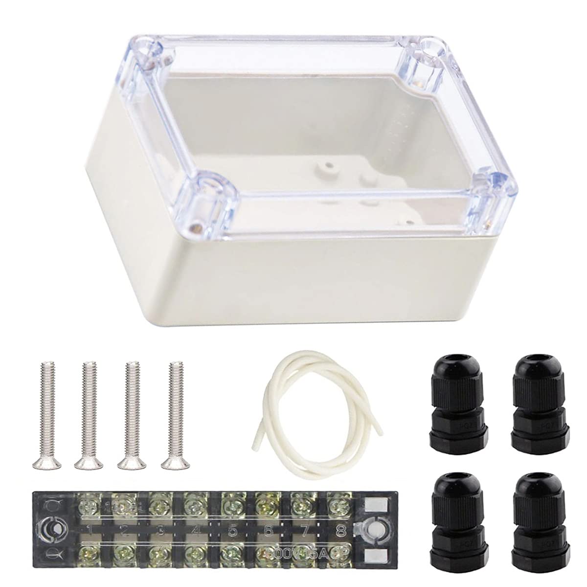 Youmile ABS Elektrische Anschlussdose 100 x 68 x 50 mm IP65 wasserdichte elektronische Projektgehäuse Box transparente Abdeckung für Außenbereich mit 8P Anschlussblock, 4 Stück PG7 Kabelverschraubung von Youmile