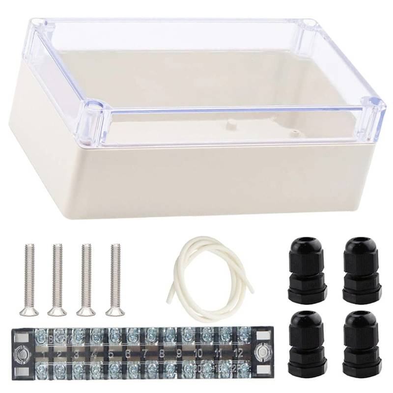 Youmile ABS Elektrische Anschlussdose 158 x 90 x 60mm IP65 wasserdichte elektronische Projektgehäuse Box transparente Abdeckung für Außenbereich mit 12P Klemmenblock, 4 Stück PG7 Kabelverschraubung von Youmile