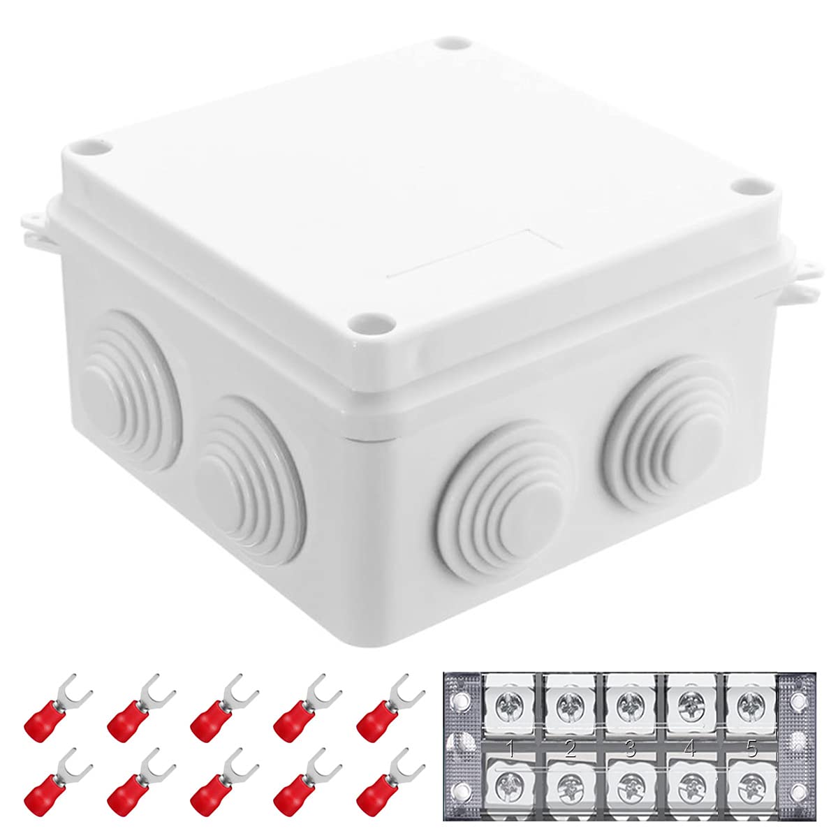 Youmile ABS-Kunststoff wasserdichte staubdichte Anschlussdose 100 x 100 x 70mm(3,9 x 3,9 x 2,8Zoll) IP55 elektronische Projektgehäusebox für den Außenbereich mit 5P-Klemmenblock, 10 Stück Gabelstecker von Youmile