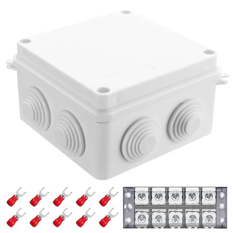 Youmile ABS-Kunststoff wasserdichte staubdichte Anschlussdose 100 x 100 x 70mm(3,9 x 3,9 x 2,8Zoll) IP55 elektronische Projektgehäusebox für den Außenbereich mit 5P-Klemmenblock, 10 Stück Gabelstecker von Youmile