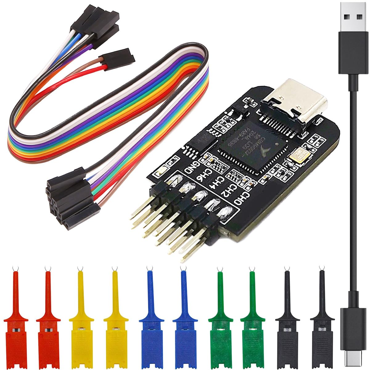 Youmile Logic Analyzer 8 CH 24 MHz, Typ-C-Schnittstelle, Mikrocontroller, Protokollanalyse, ARM-FPGA mit USB-zu-Typ-C-Kabel, Testhaken-Clip, DuPont-Kabel von Youmile