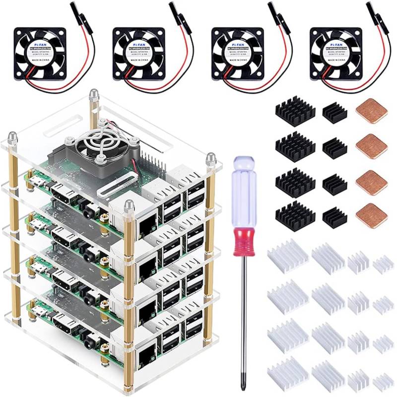 Youmile Pi Rack Gehäuse für Raspberry Pi 4 Model B,mit Lüfter und für Raspberry Pi 3 B Kühlkörper,4 Schichten Acryl Gehäuse für Raspberry Pi 4/3/2 Model B von Youmile