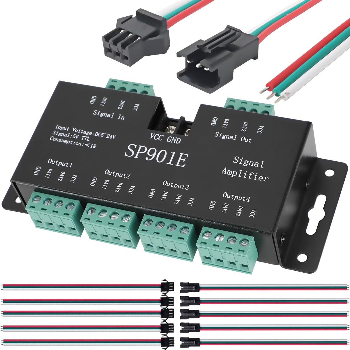 Youmile SP901E LED Pixel WS2812B WS2811 SPI Signal Amplifier Repeater-Controller Adressierbarer RGB-Lichtstreifen 5V-24V mit SM 2,54 3-poligem Stecker und Buchse von Youmile