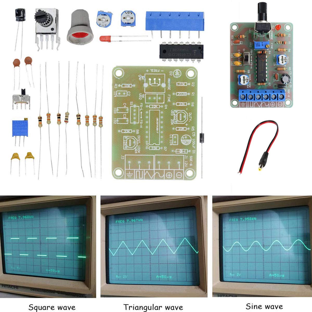 Youmile Signalgenerator Modul DIY Kit Monolithische Funktionswellenform ICL8038 Sinus Dreieck Rechtecksignal DC 12 V Ausgang 7 KHz-50 Hz Einstellbare Frequenz mit 12V DC Power Male Jack Anschlusskabel von Youmile