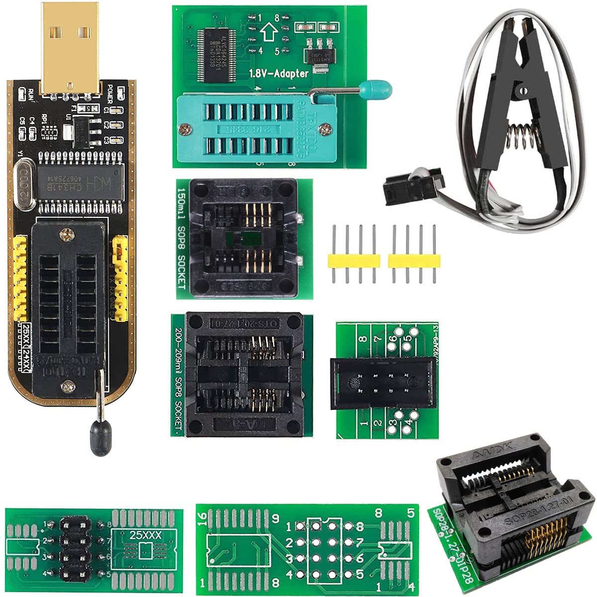 Youmile USB Programmierer CH341A + 1,8V Adapterplatine + SOIC8 Clip + SOP8 150mil 200mil SOP16 300mil Programmieradapter Testbuchse für 24 25 Serie Blitz von Youmile