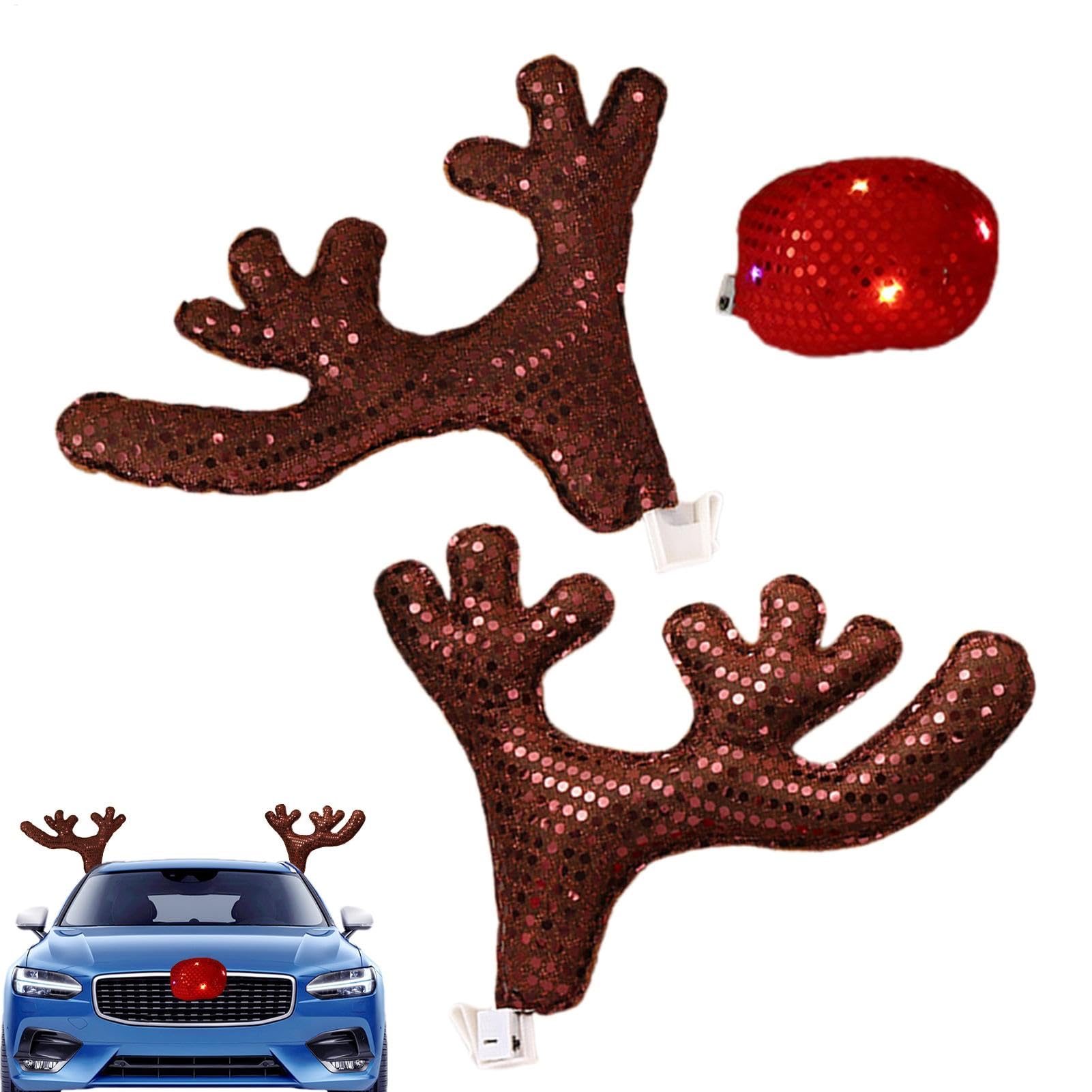 Auto Rentier Kostüm Weihnachtsdeko, Auto Rentier Geweih Mit LED lichte-r, Weihnachtsdeko Set Mit Glöckchenund Roter Nase, Rudolf Rentier Auto Weihnachtsdeko Ideal Für Auto, Truck Van SUV 39 X 28 Cm von Youngwier