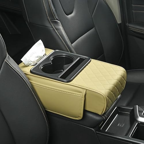 Armlehnenbox für Fahrzeuge Universal Auto Armlehnen Auflage PU Leder Car Armrest Box Pad mit Organizer Taschen Auto Mittelkonsole Pad Auto Armlehne Box Polster Mittelkonsole Abdeckung (Beige) von Youning