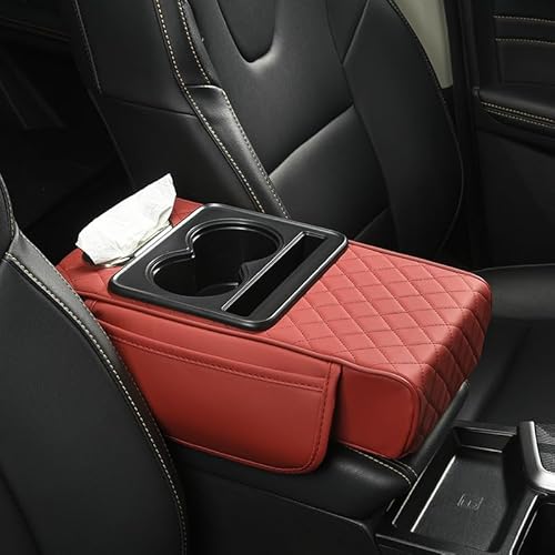 Armlehnenbox für Fahrzeuge Universal Auto Armlehnen Auflage PU Leder Car Armrest Box Pad mit Organizer Taschen Auto Mittelkonsole Pad Auto Armlehne Box Polster Mittelkonsole Abdeckung (Rot) von Youning