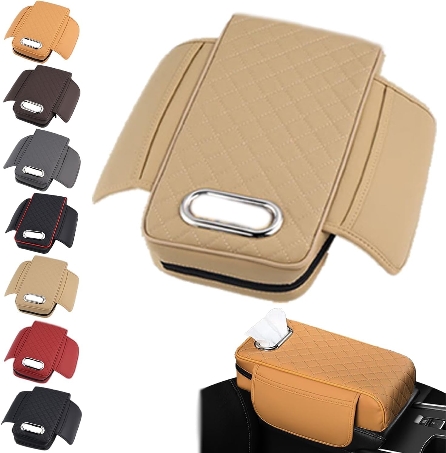 Auto Armlehnenbox PU-Leder Mittelkonsole Auto Armlehnen Polster mit 2 Autositz Organizer Aufbewahrungstasche Universal Auto Armlehne Auflage Car Armrest Box Pad Innenraum für Armlehne Auto (Beige) von Youning