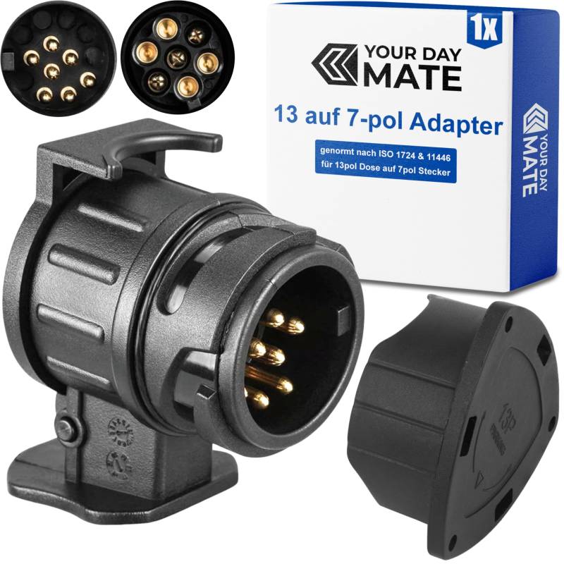 13 auf 7-pol Adapter Stecker, Set mit Parking Cover, Steckverbindung 7pol Anhängerstecker zu 13 Pol Auto Steckdose, 13-7 Pin Anhängeradapter nach ISO 11446 und 1724 genormt, AHK Verbinder 12 V Systeme von Your Day Mate