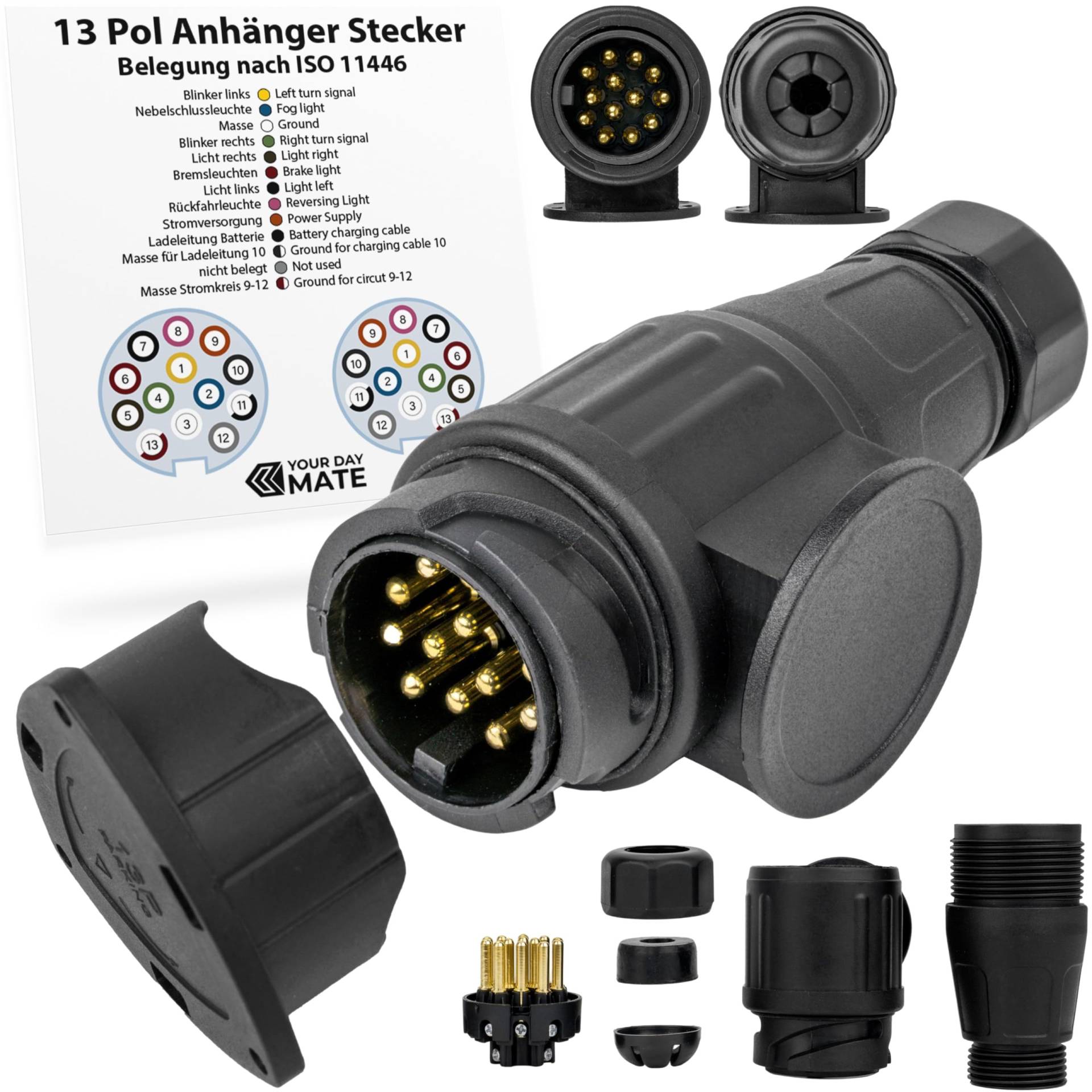 13 poliger Anhänger Stecker, Set mit Parking Cover, 13 pol Stecker nach ISO 11446 genormt, AHK Verbinder für 12 V Systeme, 13 Pin Hänger Stecker, 13 pol Stecker für 13 pol Steckdose, 7-13 pin Adapter von Your Day Mate