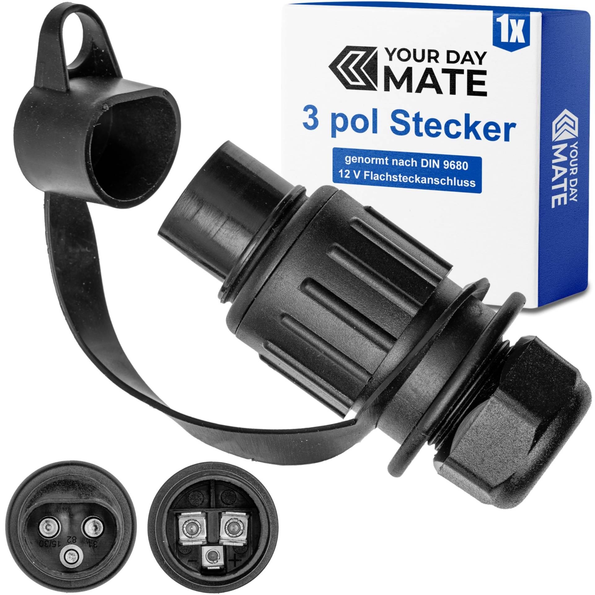 3 poliger Adapter Stecker, 1 Stück, Hartplastik-Gehäuse, 3 pol Stecker nach DIN 9680 genormt, mit Flachsteckanschluss und Dichtring, Steckanschluss für 12 V Systeme, 3 pin Plug Traktor, Landmaschine von Your Day Mate