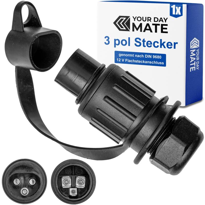 3 poliger Adapter Stecker, 1 Stück, Hartplastik-Gehäuse, 3 pol Stecker nach DIN 9680 genormt, mit Flachsteckanschluss und Dichtring, Steckanschluss für 12 V Systeme, 3 pin Plug Traktor, Landmaschine von Your Day Mate