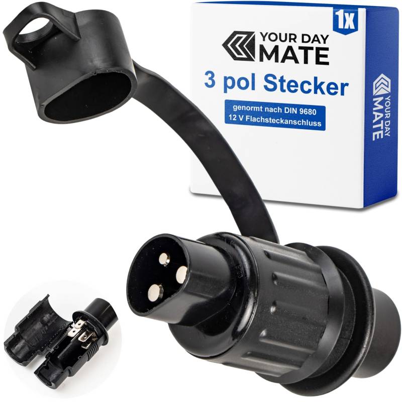 3 poliger Adapter Stecker, 1 Stück, Hartplastik-Gehäuse, 3 pol Stecker nach DIN 9680 genormt, mit Flachsteckanschluss und Dichtring, Steckanschluss für 12 V Systeme, 3 pin Plug Traktor, Landmaschine von Your Day Mate