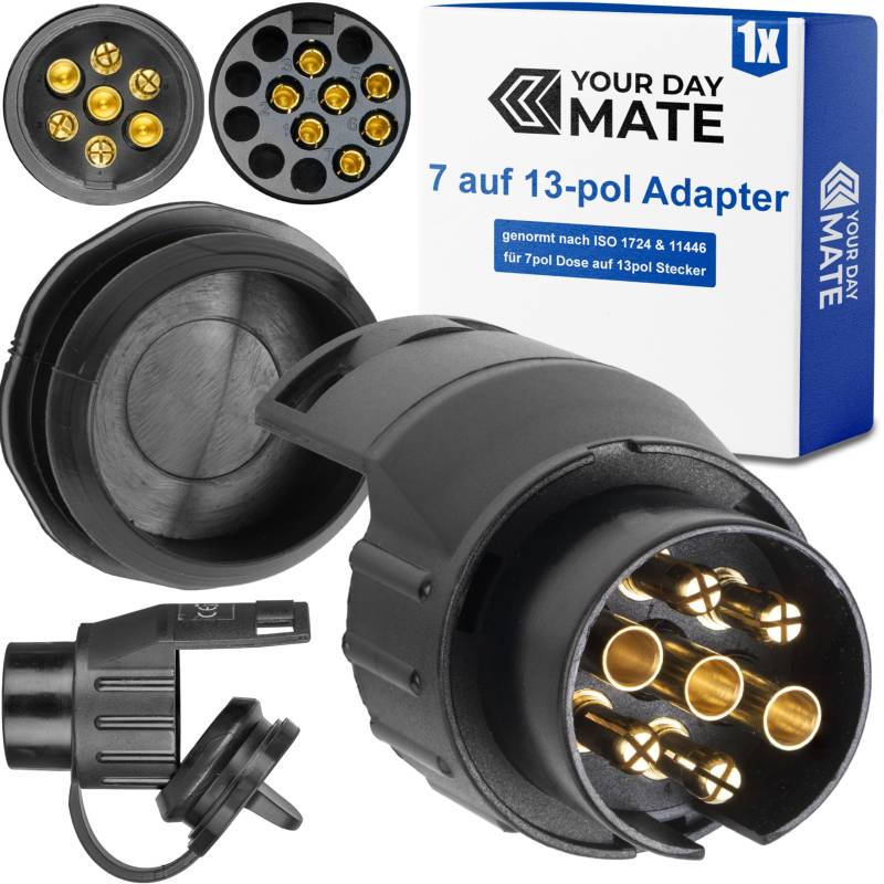 7 auf 13-pol Adapter Stecker, Set mit Parking Cover, Steckverbindung 13 Pol Anhänger Stecker zu 7 Pol Auto Steckdose, 7-13 Pin Adapter nach ISO 1724 und 11446 genormt, AHK Verbinder für 12 V Systeme von Your Day Mate