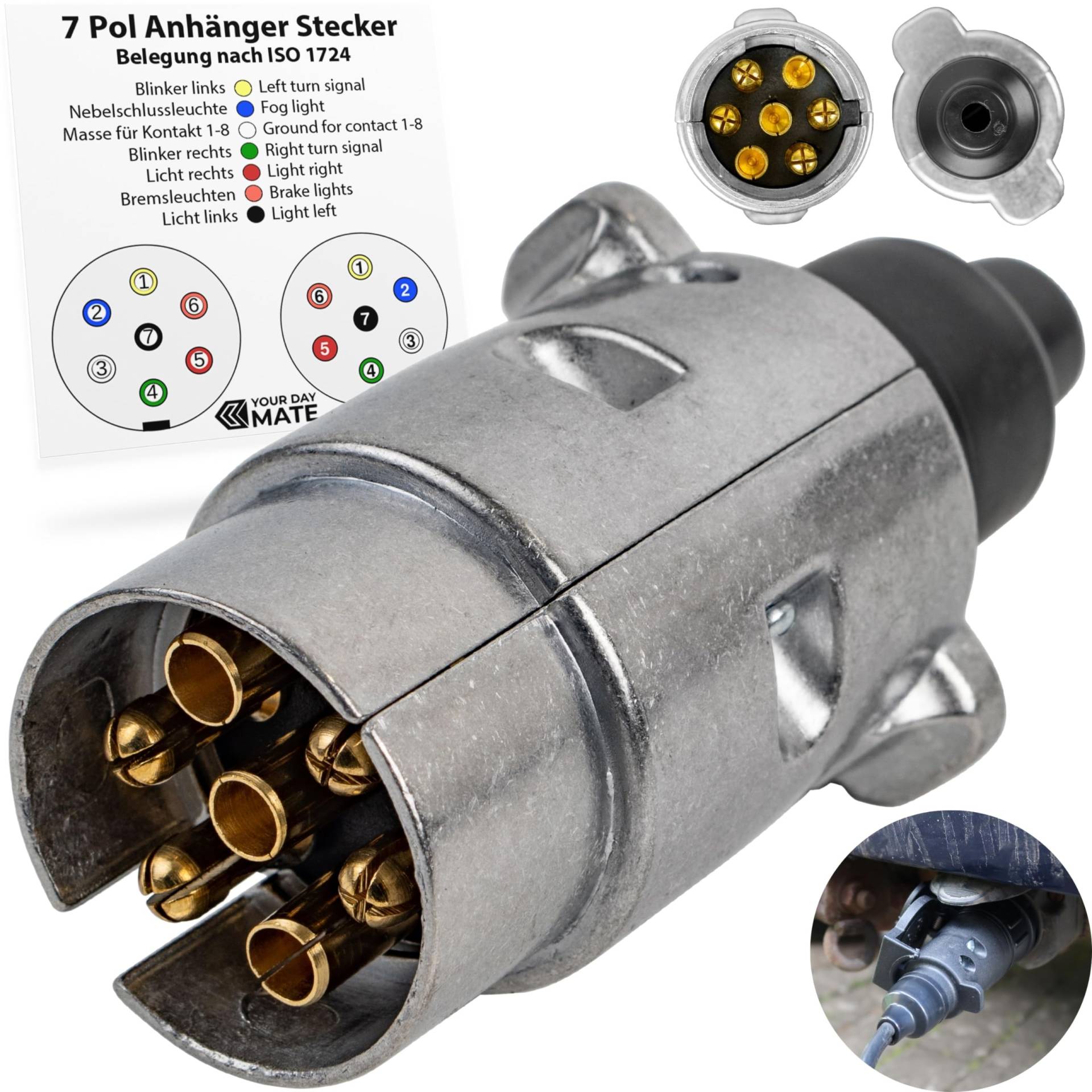 7 poliger Anhänger Stecker, 1 Pack, Alu-Guss-Gehäuse, 7pin Stecker nach ISO 1724 genormt, 7 Pin Hänger Adapter für 12 V Systeme, Zugentlastung, 7 pol Anhängerstecker für 7pol Steckdose, 13-7 Adapter von Your Day Mate