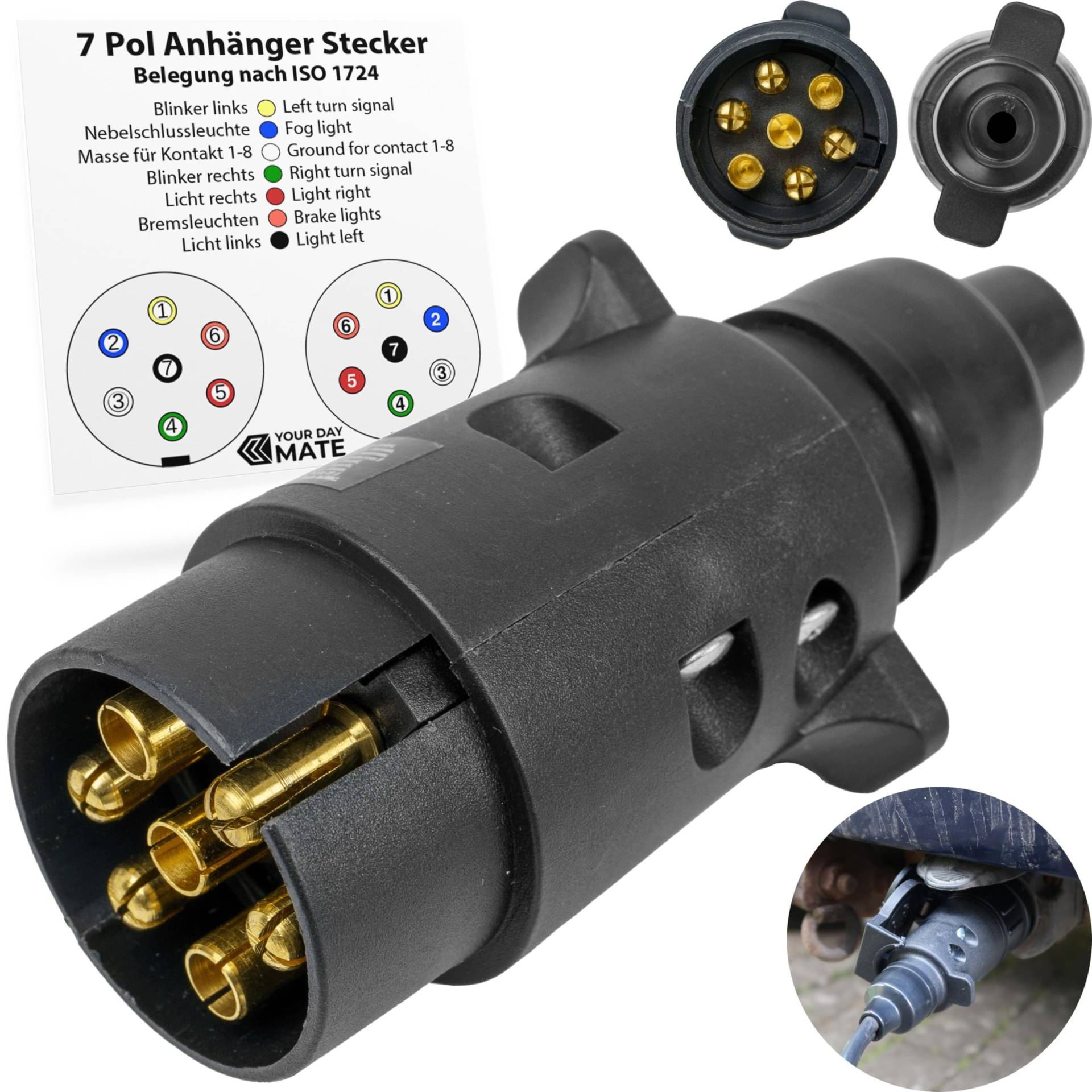 7 poliger Anhänger Stecker, 1 Pack, Hartplastik-Gehäuse, 7pin Stecker nach ISO 1724 genormt, 7 Pin Hänger Adapter 12V Systeme, Zugentlastung, 7pol Anhängerstecker für 7 pol Steckdose, 13-7 Adapter von Your Day Mate