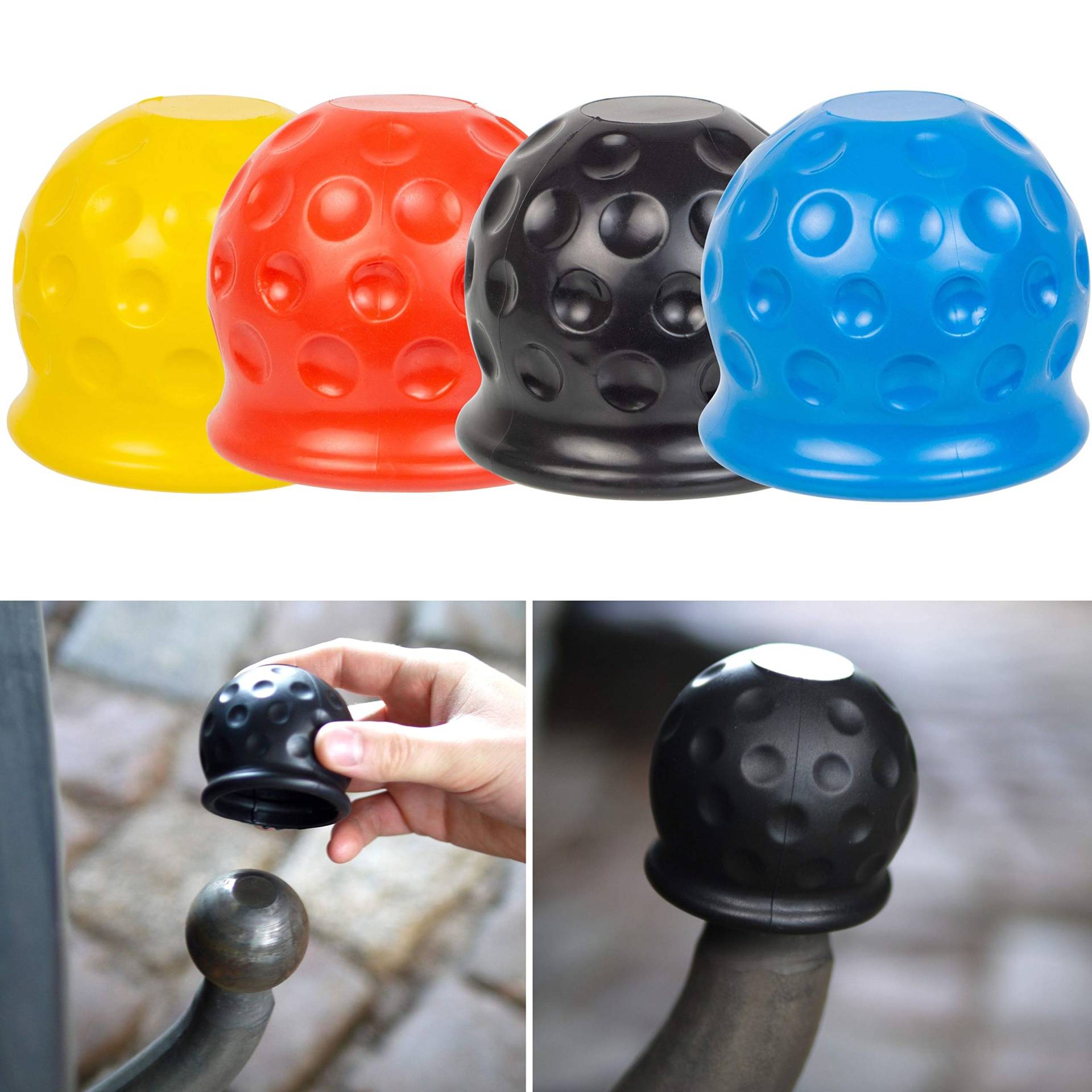 Abdeckung für Anhängerkupplungen, 4 Stück, Vier Farben, Kunststoff, für Ø 50 mm Kugelkopfkupplungen, in Golfball-Form, Kupplungskappe Anhänger, Hänger Kupplung Kappe, Schutzkappe für Anhängerkupplung von Your Day Mate