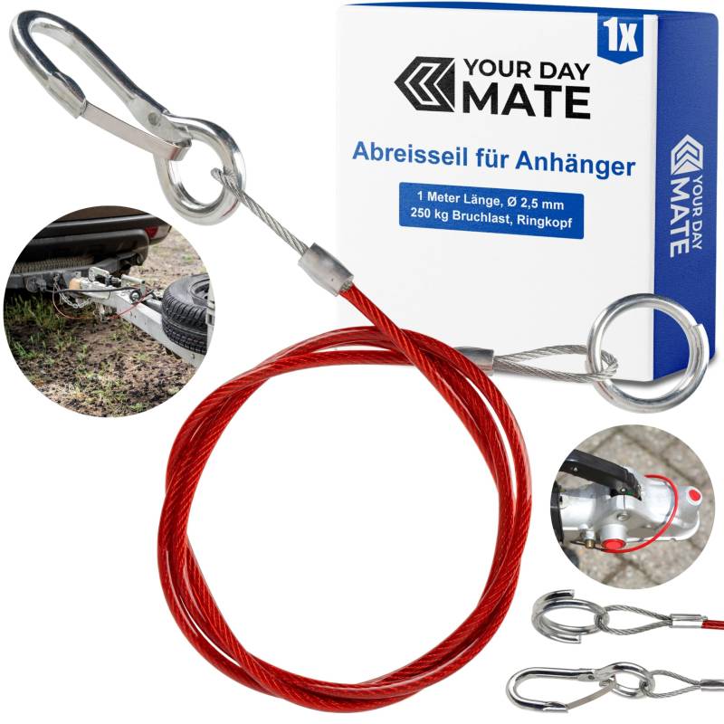 Abreisseil für Anhänger, 1 Set, 1 Meter x Ø 2,5 mm Stahlseil mit Karabiner und Doppelring, 250 kg Bruchlast, in Rot, für alle Arten von gebremsten Anhängern und Wohnwagen, ummanteltes Fangseil AHK von Your Day Mate