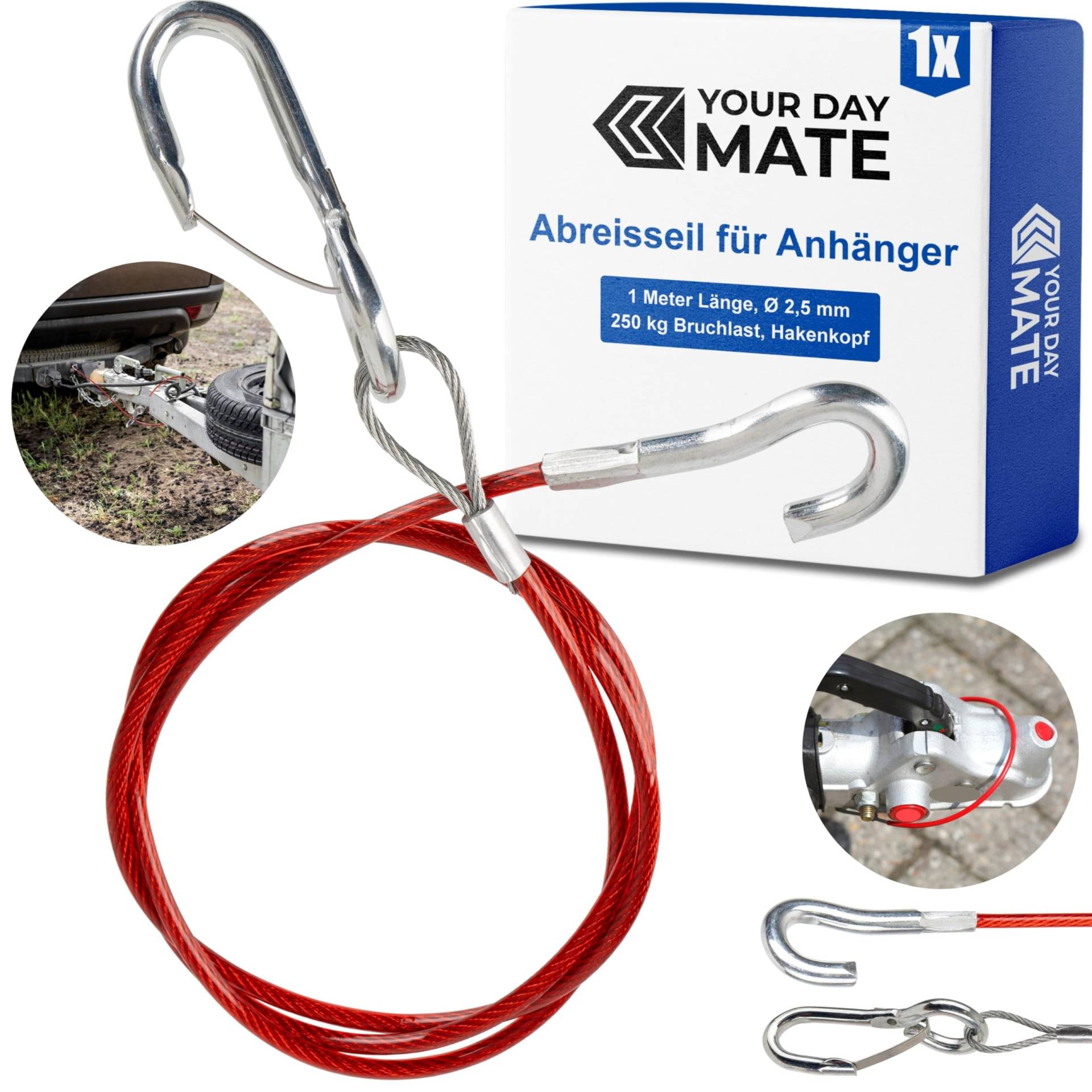 Abreisseil für Anhänger, 1 Set, 1 Meter x Ø 2,5 mm Stahlseil mit Karabiner und Fanghaken, 250 kg Bruchlast, in Rot, für alle Arten von gebremsten Anhängern und Wohnwagen, ummanteltes Fangseil AHK von Your Day Mate