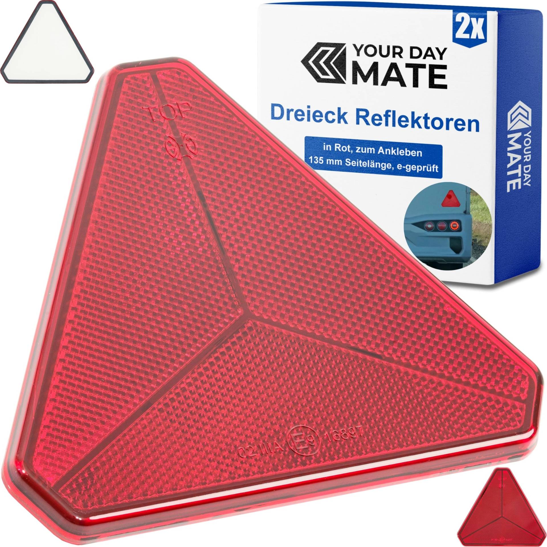 Anhänger Reflektor Dreiecke, 2 Pack, in Rot, zum Ankleben, 135 mmm Seitenlängen, Hänger Katzenauge mit E-Prüfzeichen, Rückstrahler hinten, dreieckige Streuscheibe Heck, Hängerdreieck rechts links von Your Day Mate