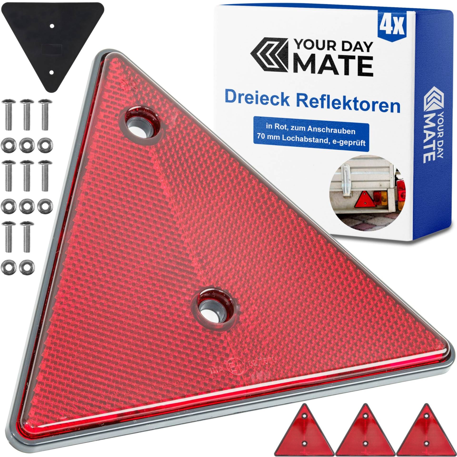 Anhänger Reflektor Dreiecke, 4 Pack, in Rot, mit Schrauben Set, 15 cm Seitenlängen, 70 mm Lochabstand, mit E-Prüfzeichen, Rückstrahler hinten, dreieckige Streuscheibe Heck, Hängerdreieck rechts links von Your Day Mate